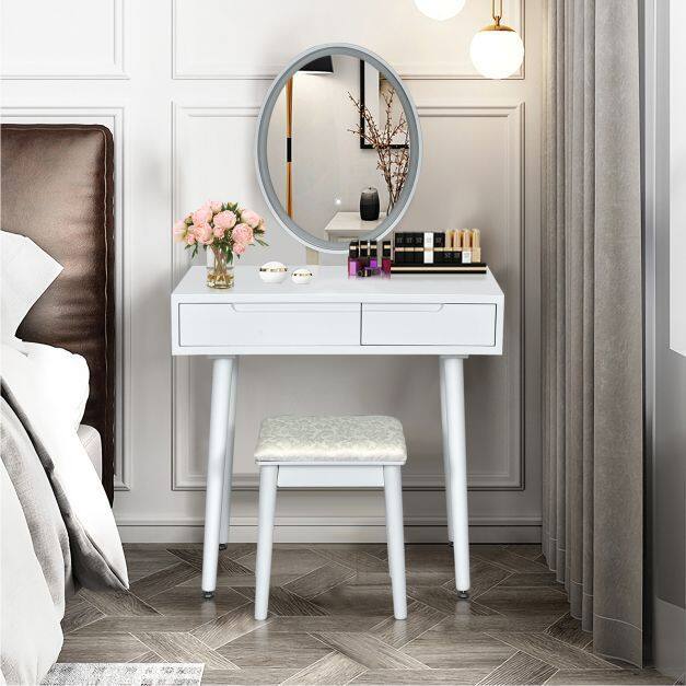 Vanity Table Set with Surrounded LED Tape Lights-White