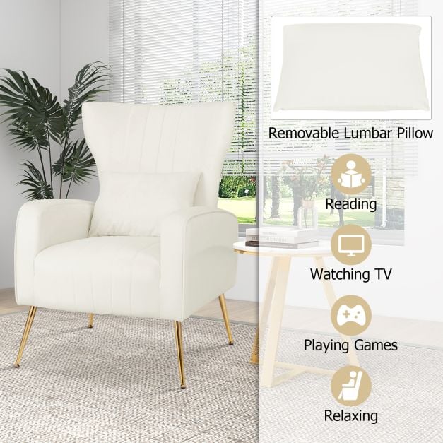 Velvet Upholstered Wingback Chair with Lumbar Pillow and Golden Metal Legs - TidySpaces
