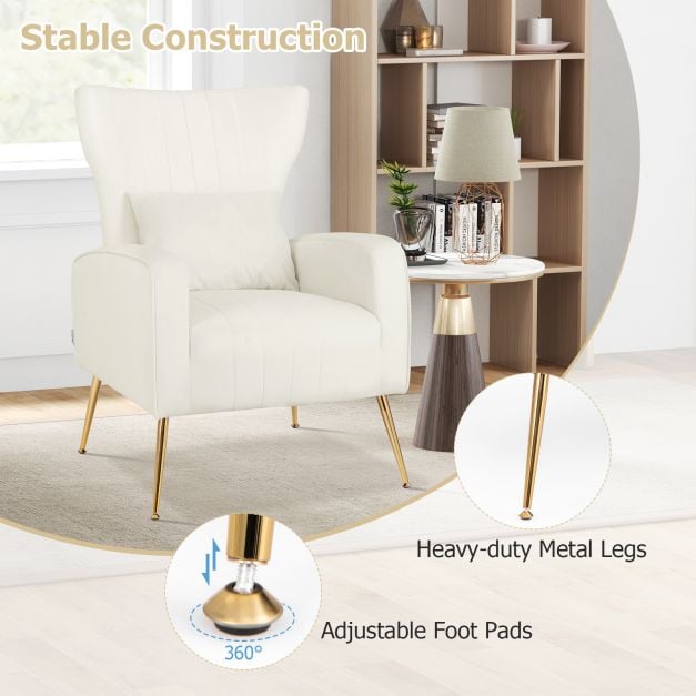 Velvet Upholstered Wingback Chair with Lumbar Pillow and Golden Metal Legs - TidySpaces