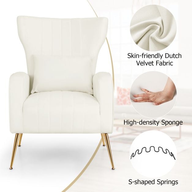 Velvet Upholstered Wingback Chair with Lumbar Pillow and Golden Metal Legs - TidySpaces
