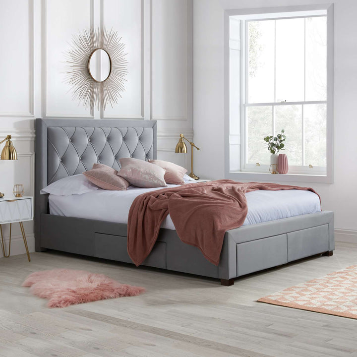 Woodbury Upholstered Bed Frame with Diamond Tufted Headboard and Storage Drawers