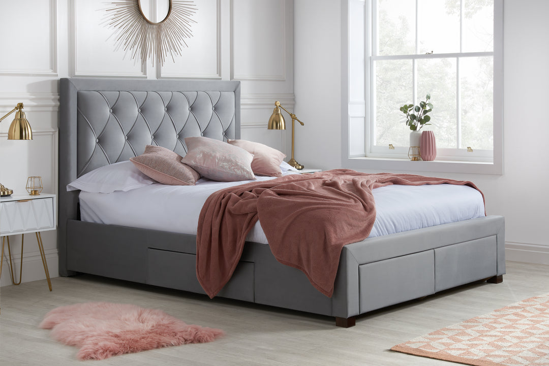 Woodbury Upholstered Bed Frame with Diamond Tufted Headboard and Storage Drawers