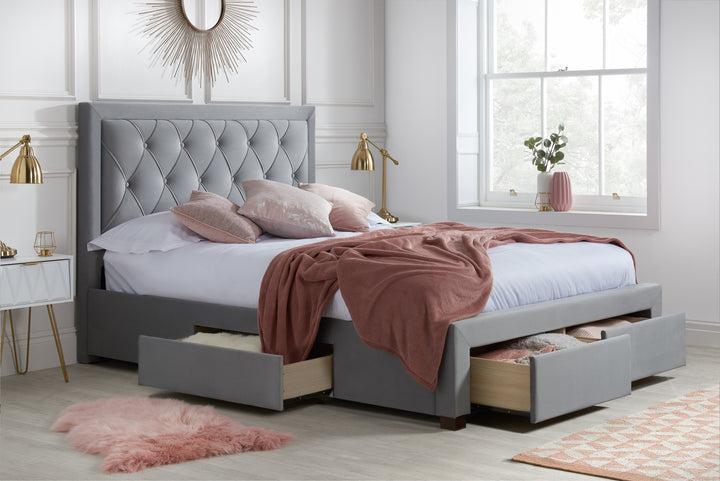 Woodbury Upholstered Bed Frame with Diamond Tufted Headboard and Storage Drawers