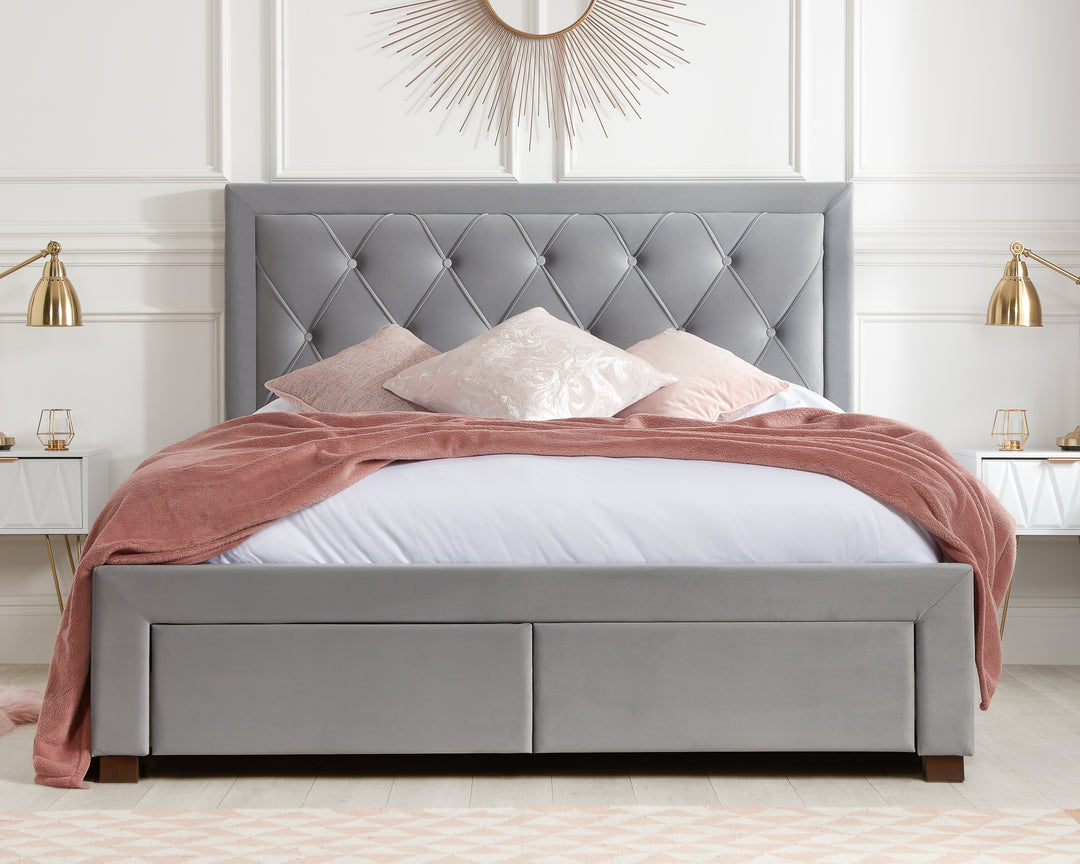 Woodbury Upholstered Bed Frame with Diamond Tufted Headboard and Storage Drawers