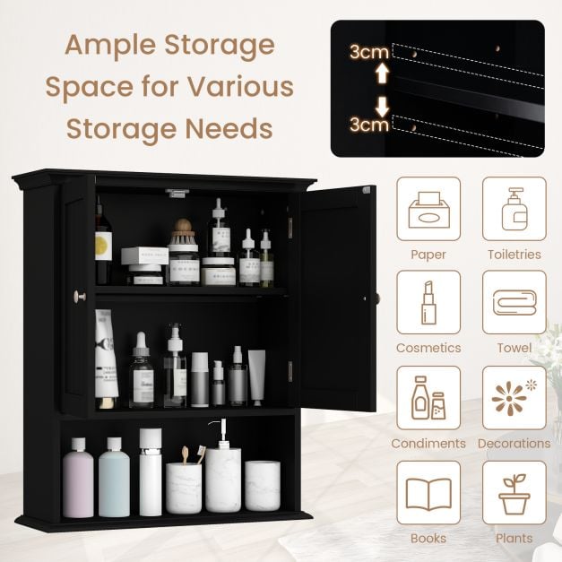 Wall Mount Bathroom Cabinet Storage Organizer with Doors and Shelves-Black