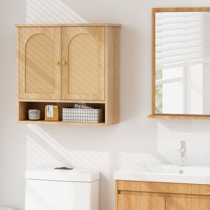 3-Tier Bathroom Cabinet with 2 Rattan Doors and Open Shelf-Natural