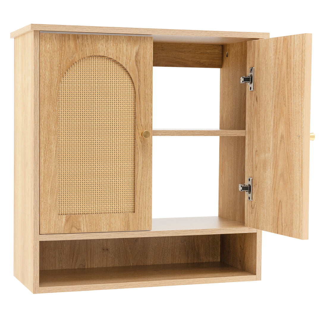 3-Tier Bathroom Cabinet with 2 Rattan Doors and Open Shelf-Natural