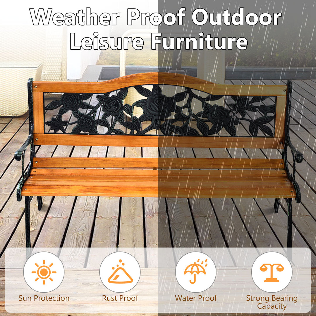 Weatherproof Garden Bench with Iron Structure and Solid Wood Slats Seat