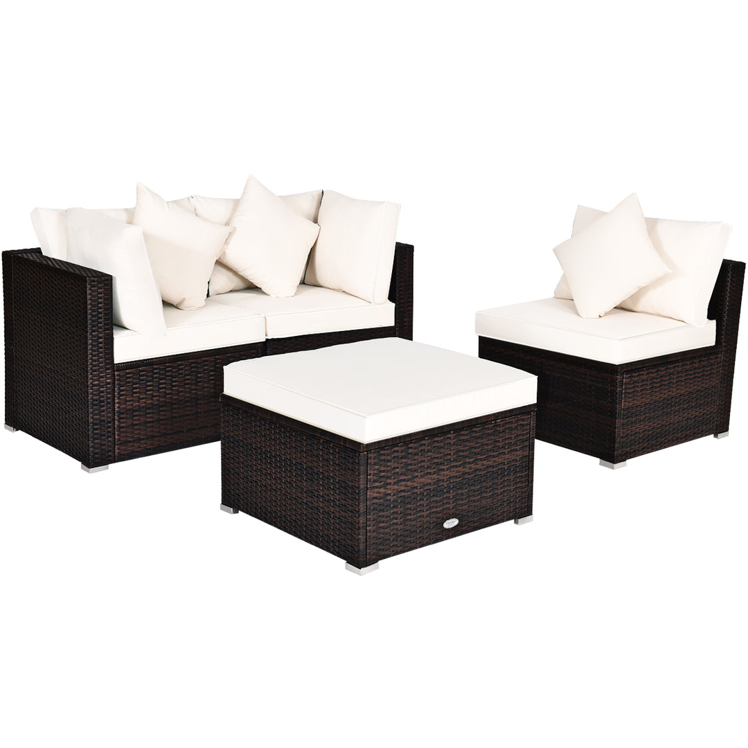 4 Pieces Outdoor Rattan Conversation Set with Removable Cushions and Pillows White - TidySpaces