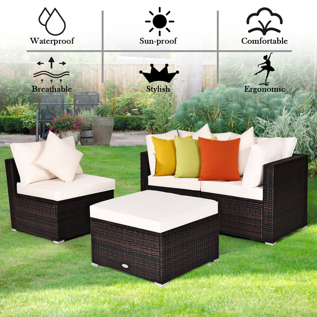 4 Pieces Outdoor Rattan Conversation Set with Removable Cushions and Pillows - TidySpaces