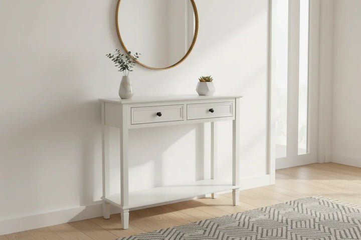 White Belmont Console Table in a Bright Hallway