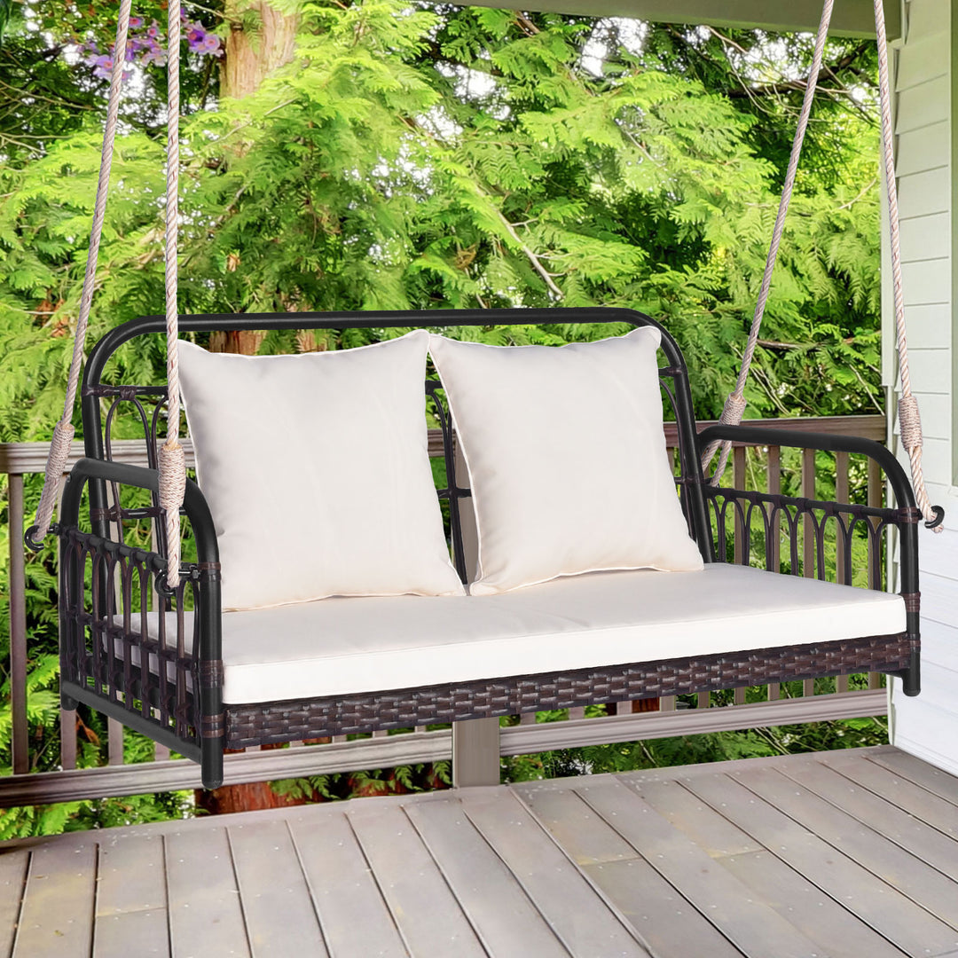 2-Person Outdoor Patio Hanging Chair with Cushions for Garden, Backyard-White