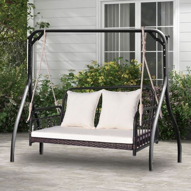 2-Person Outdoor Patio Hanging Chair with Cushions for Garden, Backyard-White - TidySpaces