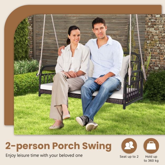 2-Person Outdoor Patio Hanging Chair with Cushions for Garden, Backyard-White - TidySpaces