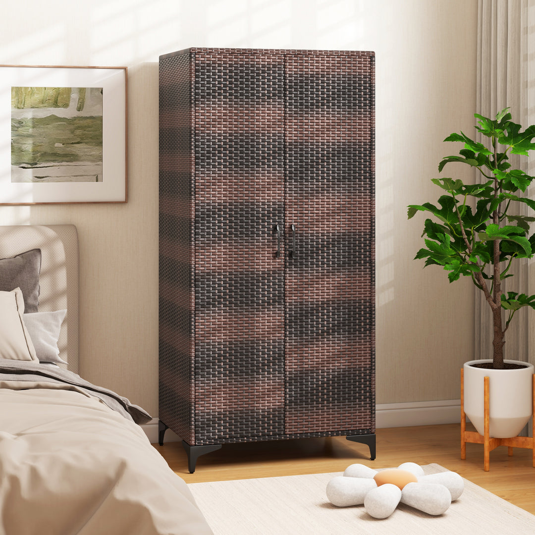 PE Rattan Wardrobe Armoire Closet with Hanging Rod and 4 Storage Cubes for Home Patio Garage - TidySpaces