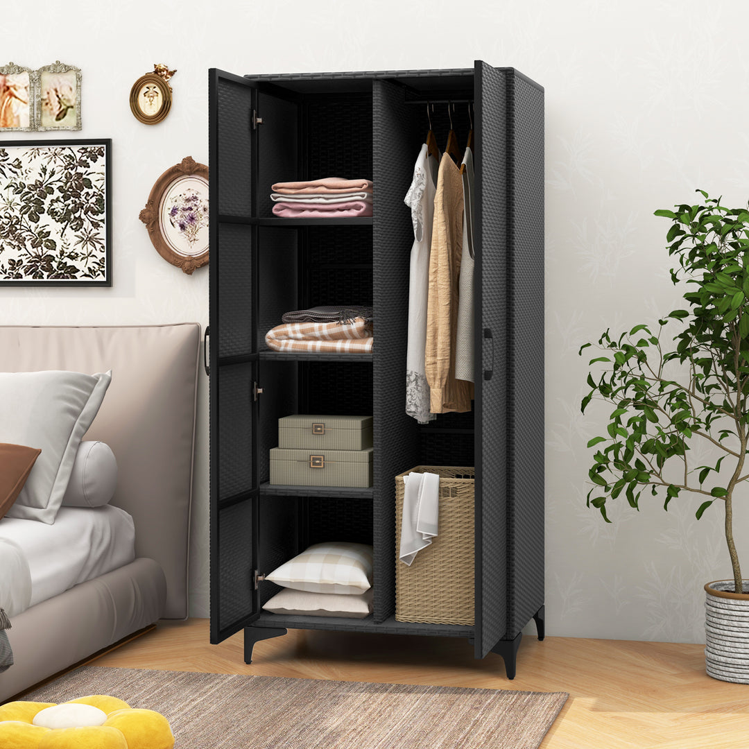PE Rattan Wardrobe Armoire Closet with Hanging Rod and 4 Storage Cubes for Home Patio Garage - TidySpaces