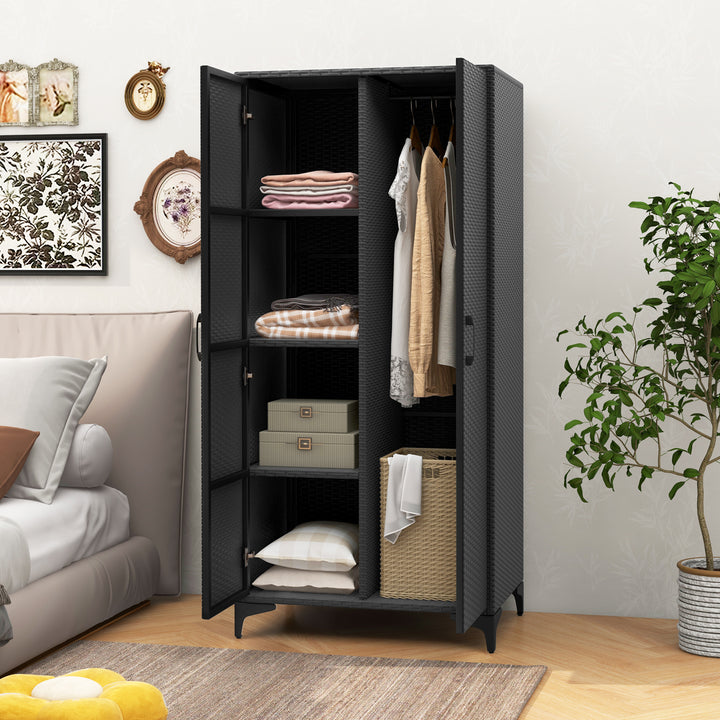 PE Rattan Wardrobe Armoire Closet with Hanging Rod and 4 Storage Cubes for Home Patio Garage - TidySpaces
