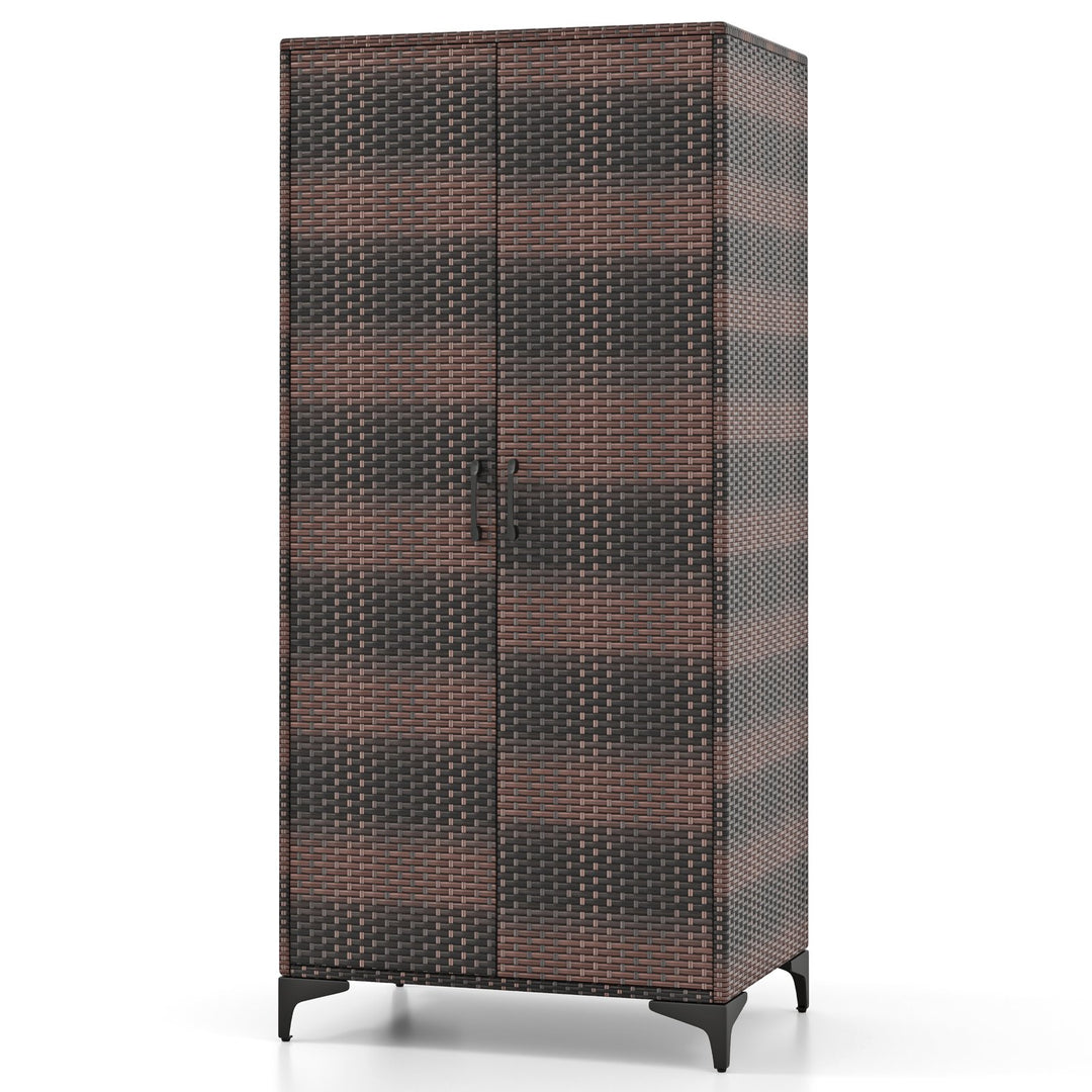 PE Rattan Wardrobe Armoire Closet with Hanging Rod and 4 Storage Cubes for Home Patio Garage Brown - TidySpaces