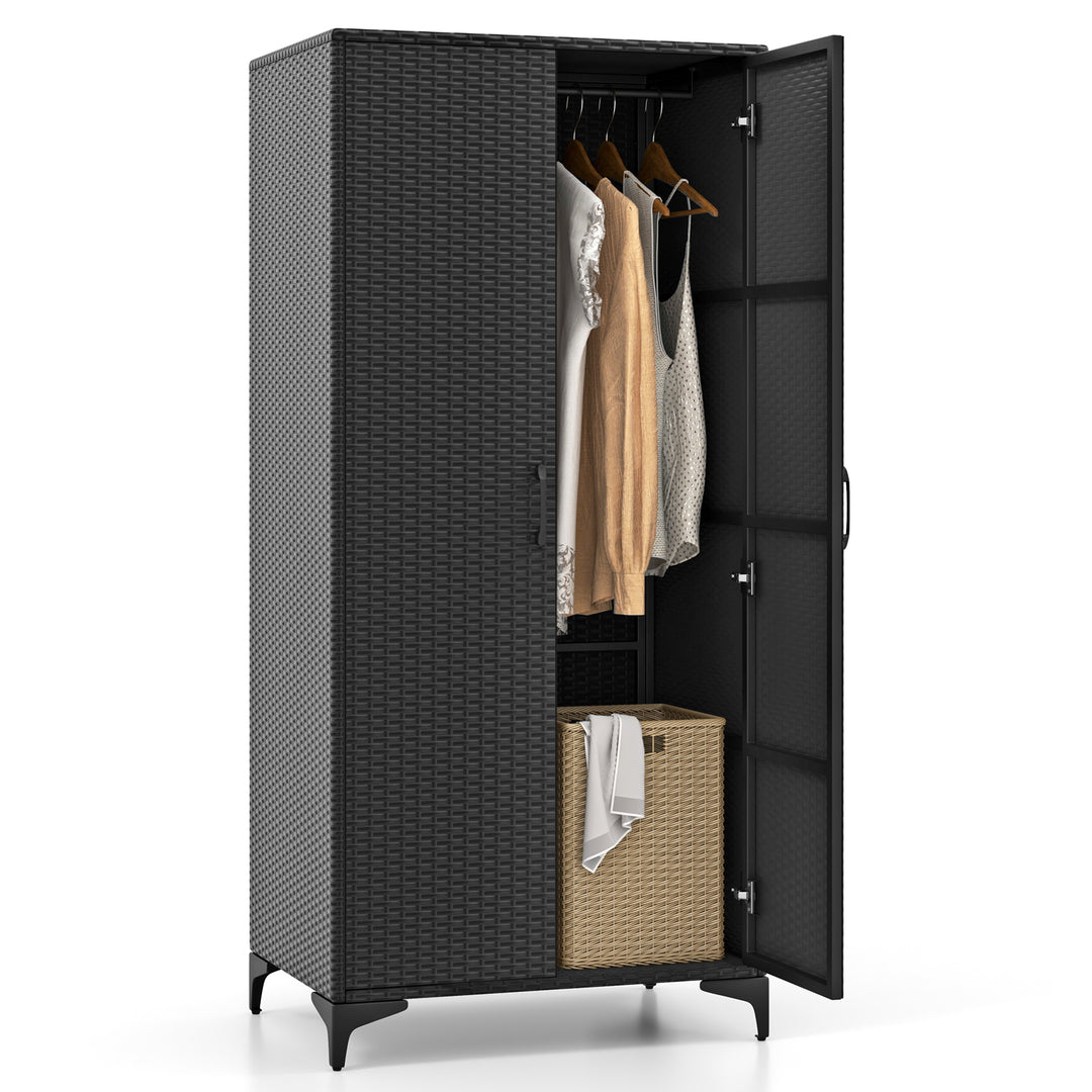 PE Rattan Wardrobe Armoire Closet with Hanging Rod and 4 Storage Cubes for Home Patio Garage - TidySpaces