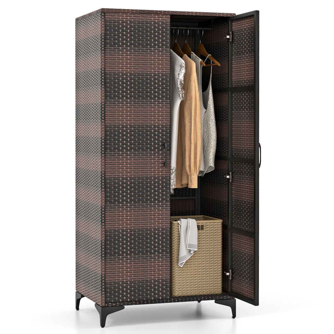 PE Rattan Wardrobe Armoire Closet with Hanging Rod and 4 Storage Cubes for Home Patio Garage - TidySpaces