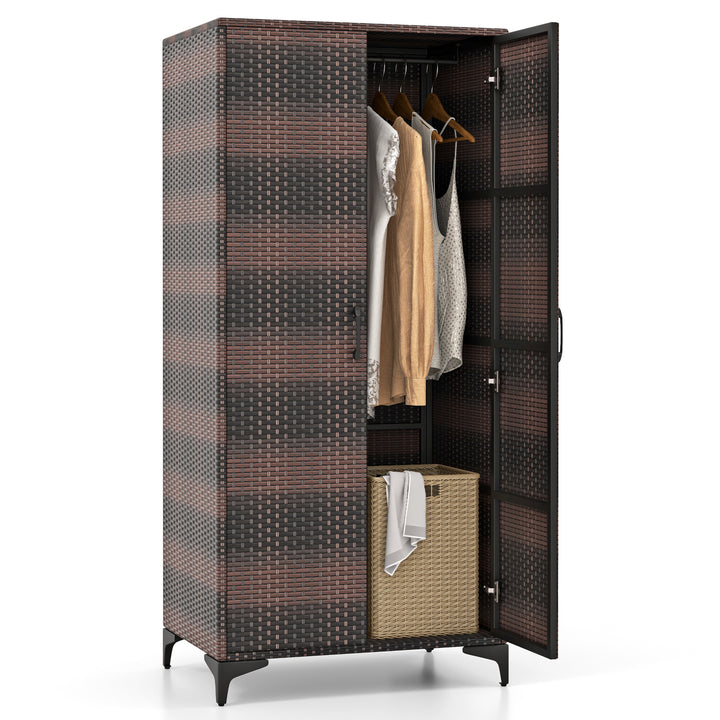PE Rattan Wardrobe Armoire Closet with Hanging Rod and 4 Storage Cubes for Home Patio Garage - TidySpaces