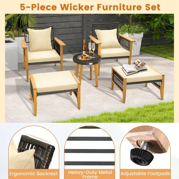 Wicker Woven Chair Set with Coffee Table and 2 Ottomans-Brown