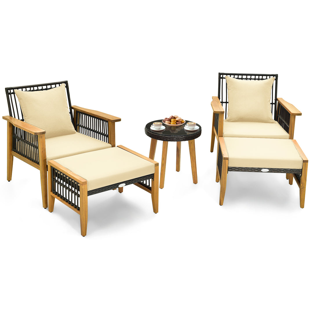 Wicker Woven Chair Set with Coffee Table and 2 Ottomans-Brown