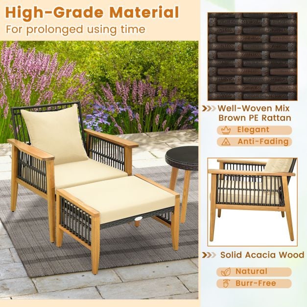 Wicker Woven Chair Set with Coffee Table and 2 Ottomans-Brown