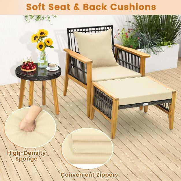Wicker Woven Chair Set with Coffee Table and 2 Ottomans-Brown
