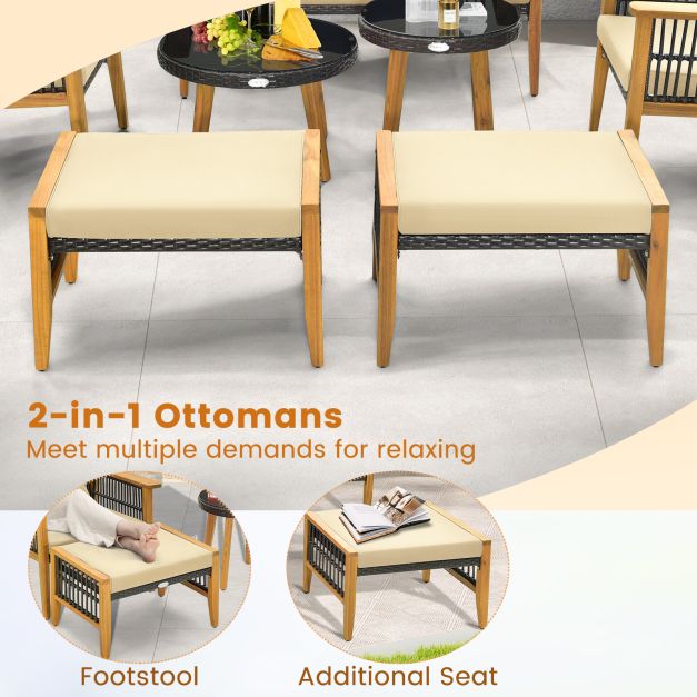 Wicker Woven Chair Set with Coffee Table and 2 Ottomans-Brown