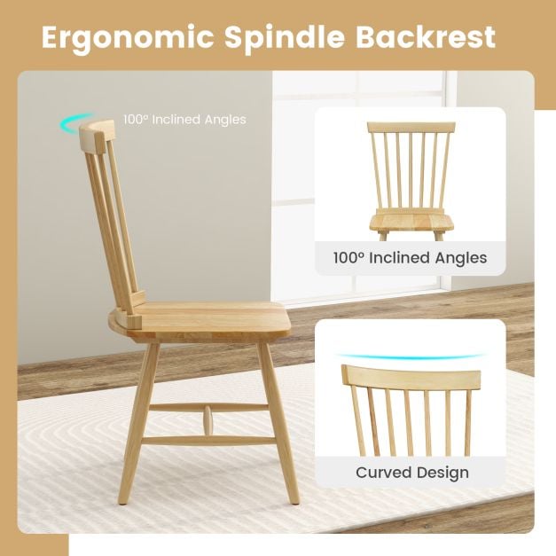 Set of 2 Windsor Style Armless Dining Chairs with Ergonomic Spindle Backs