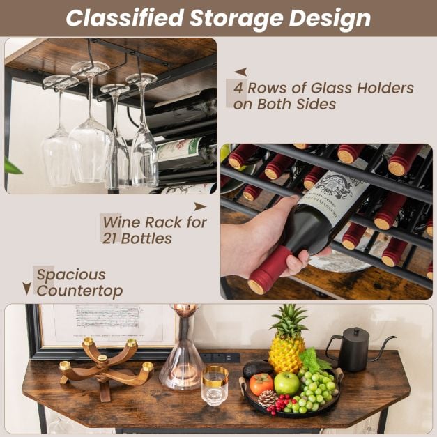 Wine Bar Cabinet 3-Tier Wine Rack with Shelves and Glass Holders