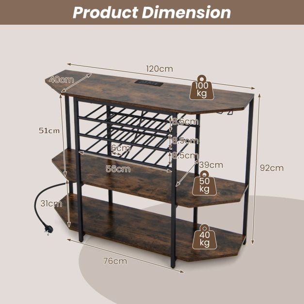 Wine Bar Cabinet 3-Tier Wine Rack with Shelves and Glass Holders
