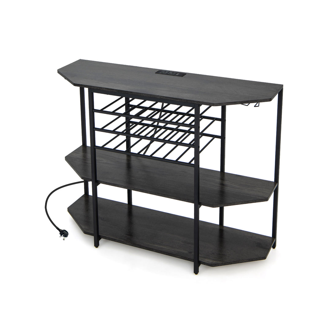 Wine Bar Cabinet 3-Tier Wine Rack with Shelves and Glass Holders Grey - TidySpaces