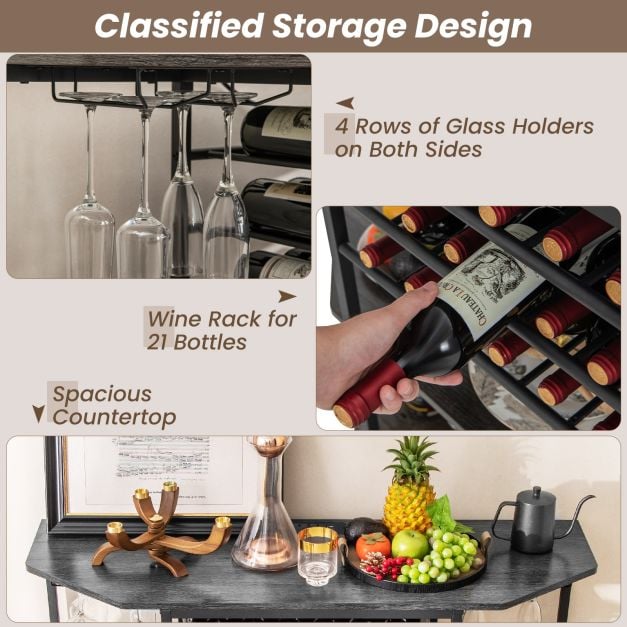 Wine Bar Cabinet 3-Tier Wine Rack with Shelves and Glass Holders