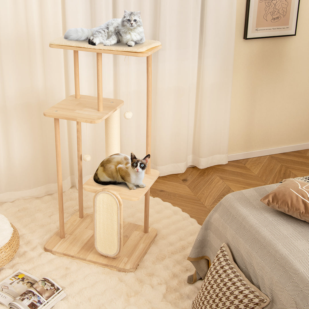 126 cm Tall Solid Wood Cat Tree with Oak Frame and Beech Post for Kittens and Adult Cats