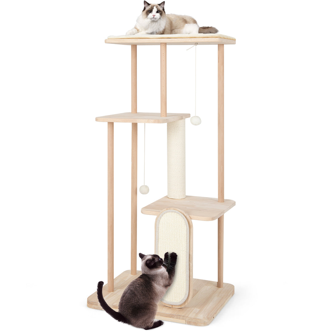 126 cm Tall Solid Wood Cat Tree with Oak Frame and Beech Post for Kittens and Adult Cats