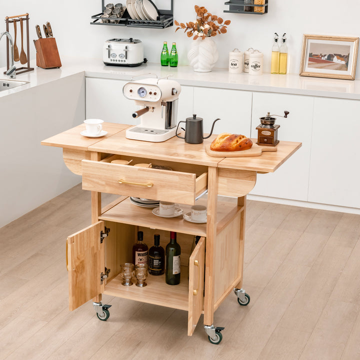 Wood Drop Leaf Kitchen Cart with Drawer Open Shelf Locking Casters