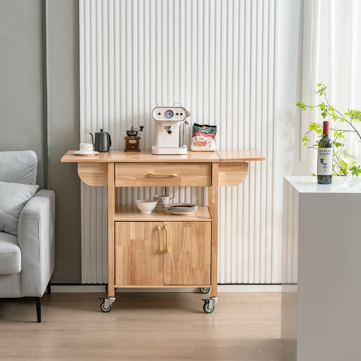 Wood Drop Leaf Kitchen Cart with Drawer Open Shelf Locking Casters