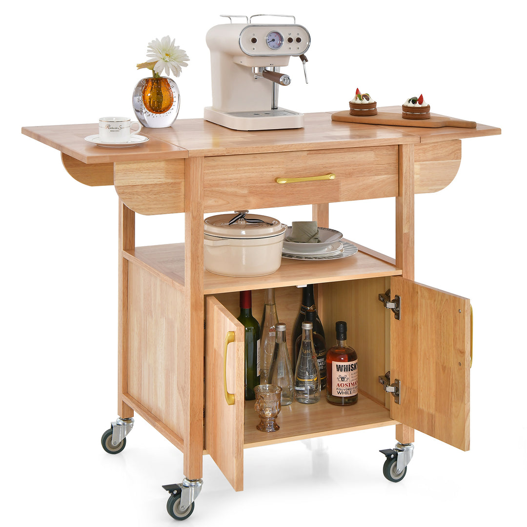 Wood Drop Leaf Kitchen Cart with Drawer Open Shelf Locking Casters