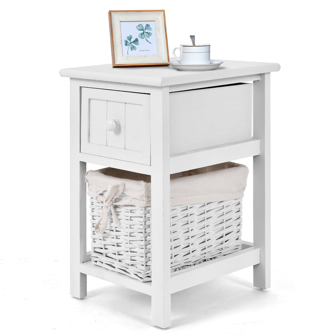 2 Tiers Wood Nightstand with 1 Drawer and 1 Baskets for Home