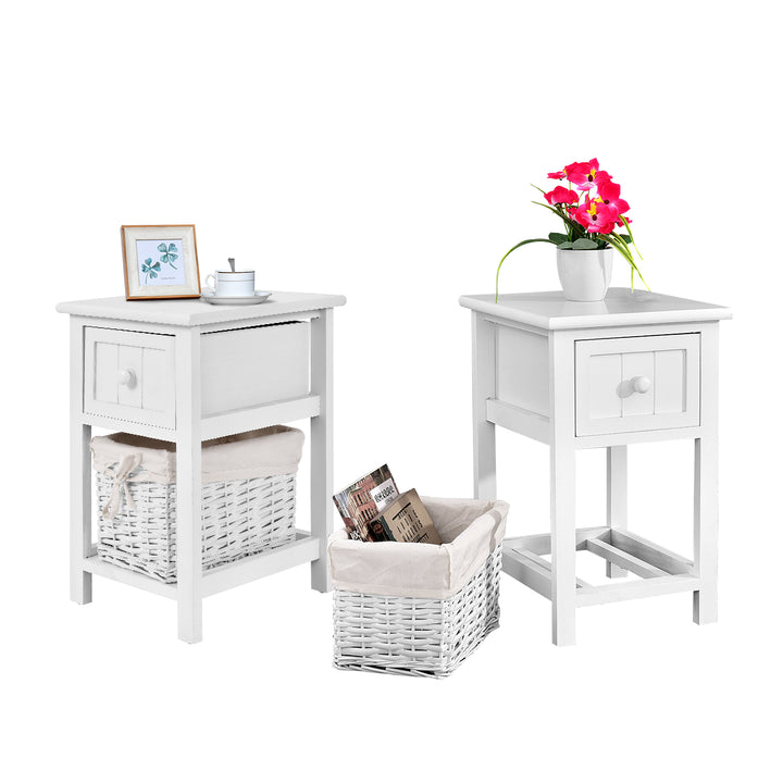 2 Tiers Wood Nightstand with 1 Drawer and 1 Baskets for Home