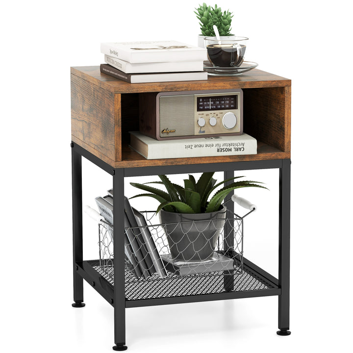 3 Tier Square End Table with Storage Cube and Mesh Shelf