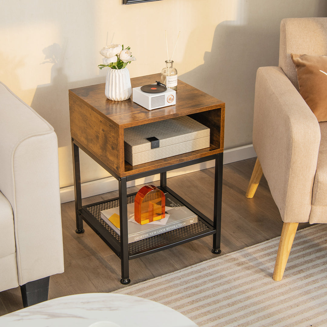 3 Tier Square End Table with Storage Cube and Mesh Shelf