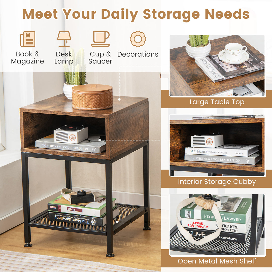 3 Tier Square End Table with Storage Cube and Mesh Shelf