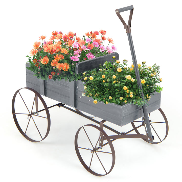 Wood Wagon Flower Planter with Wheels and 2 Planting Sections