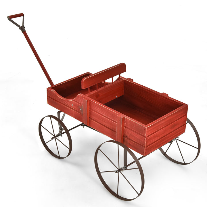 Wood Wagon Flower Planter with Wheels and 2 Planting Sections