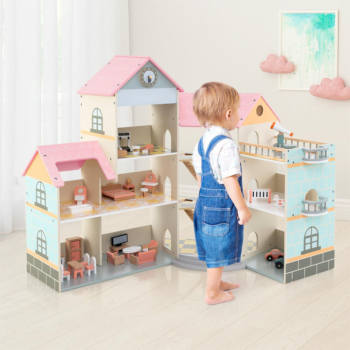 Wooden Corner Dollhouse Playset Pink Roof Doll House-Pink - TidySpaces