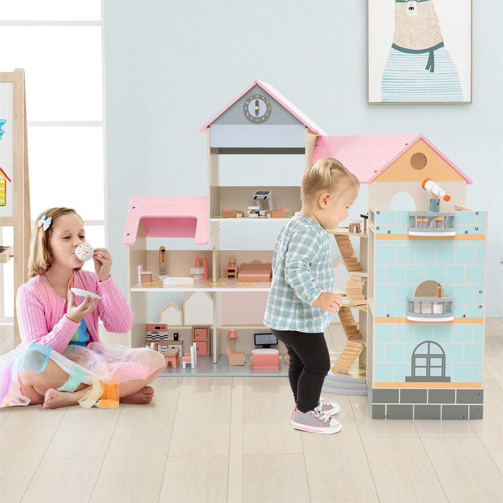 Wooden Corner Dollhouse Playset Pink Roof Doll House-Pink - TidySpaces