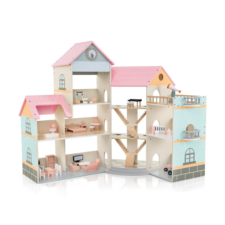 Wooden Corner Dollhouse Playset Pink Roof Doll House-Pink - TidySpaces